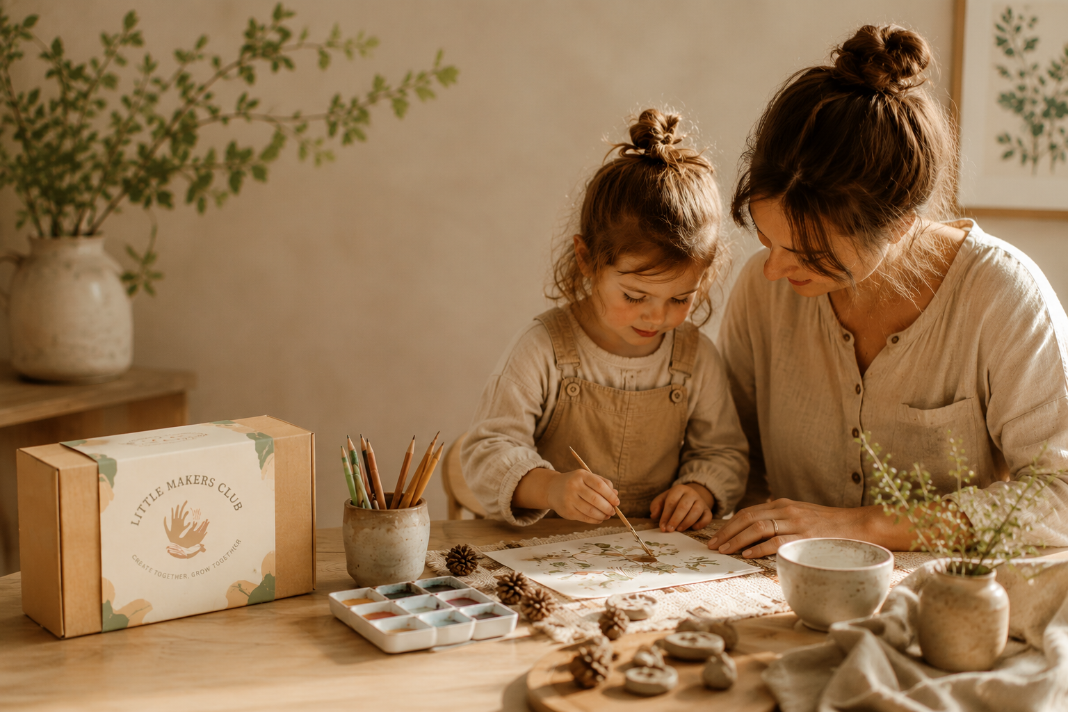 Woman and child sitting at a table with art supplies, creating a warm and creative atmosphere.